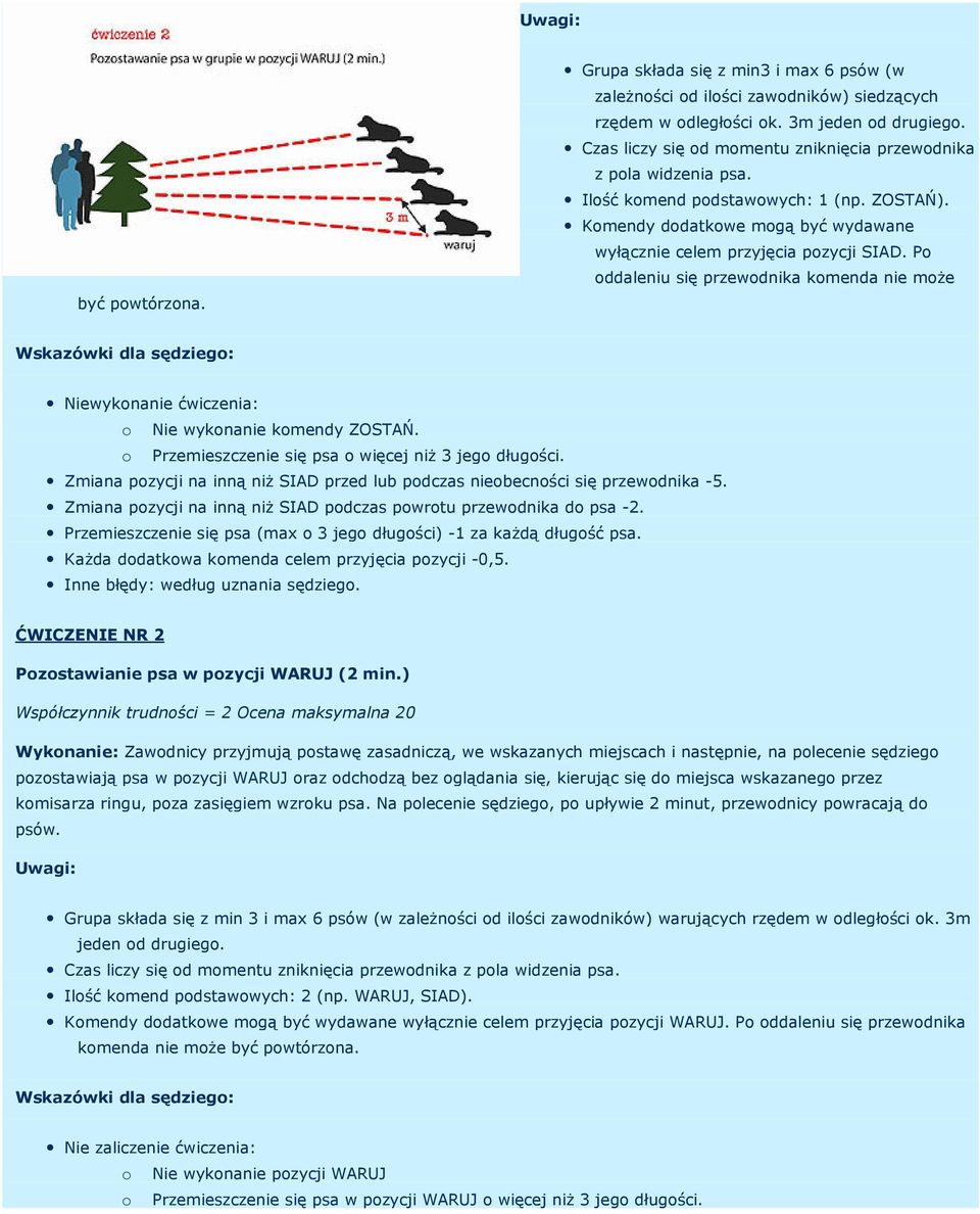 Po oddaleniu się przewodnika komenda nie może Niewykonanie ćwiczenia: o Nie wykonanie komendy ZOSTAŃ. o Przemieszczenie się psa o więcej niż 3 jego długości.