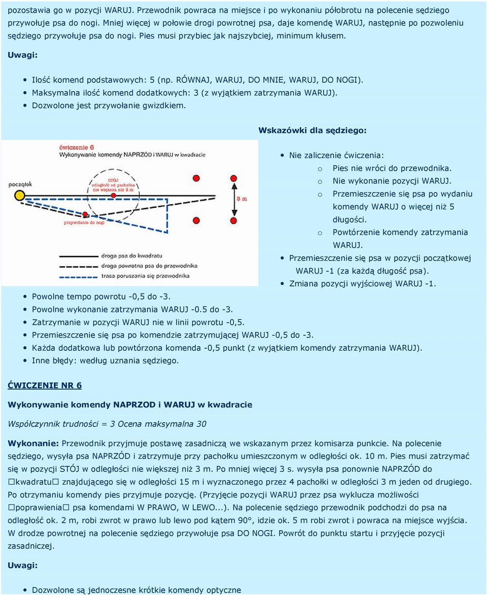 Ilość komend podstawowych: 5 (np. RÓWNAJ, WARUJ, DO MNIE, WARUJ, DO NOGI). Maksymalna ilość komend dodatkowych: 3 (z wyjątkiem zatrzymania WARUJ). Dozwolone jest przywołanie gwizdkiem.