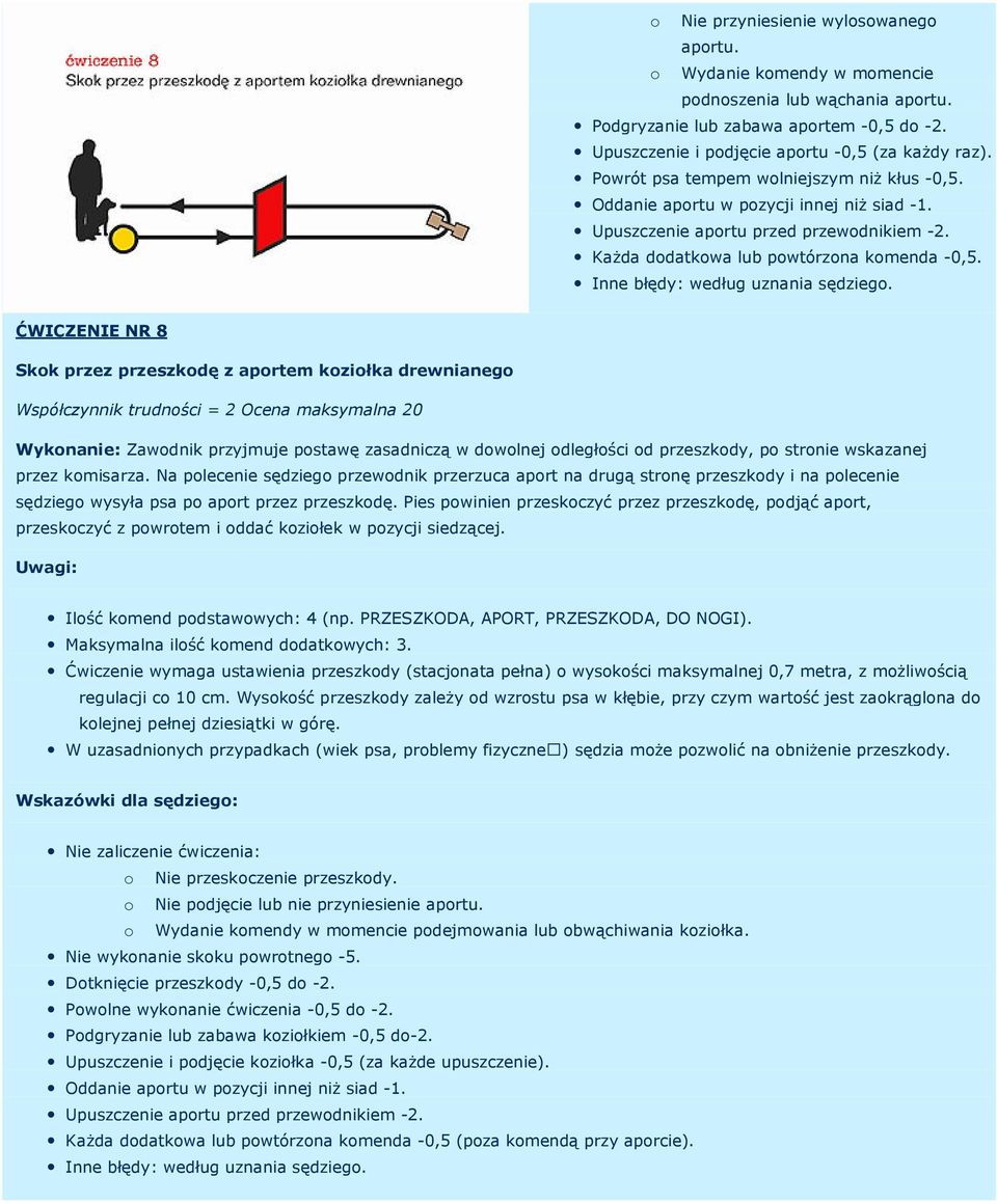 ĆWICZENIE NR 8 Skok przez przeszkodę z aportem koziołka drewnianego Wykonanie: Zawodnik przyjmuje postawę zasadniczą w dowolnej odległości od przeszkody, po stronie wskazanej przez komisarza.
