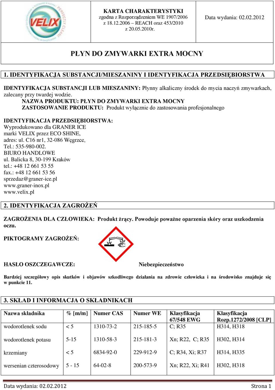 NAZWA PRODUKTU: ZASTOSOWANIE PRODUKTU: Produkt wyłącznie do zastosowania profesjonalnego IDENTYFIKACJA PRZEDSIĘBIORSTWA: Wyprodukowano dla GRANER ICE marki VELIX przez ECO SHINE, adres: ul.