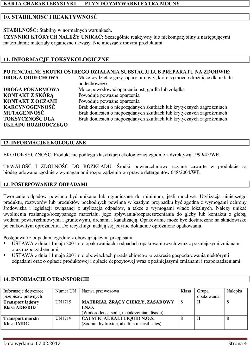 INFORMACJE TOKSYKOLOGICZNE POTENCJALNE SKUTKI OSTREGO DZIAŁANIA SUBSTACJI LUB PREPARATU NA ZDORWIE: DROGA ODDECHOWA Może wydzielać gazy, opary lub pyły, które są mocno drażniące dla układu