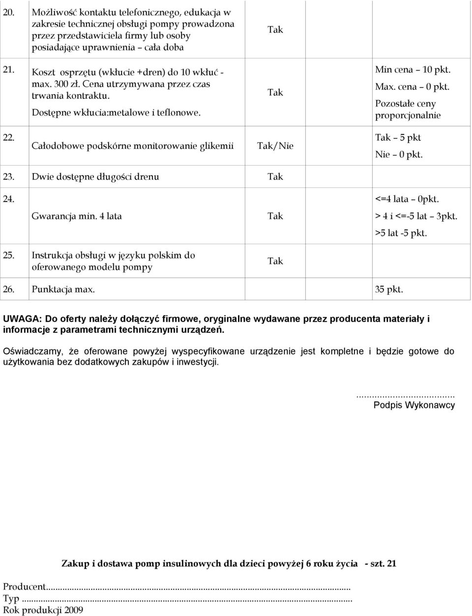 Pozostałe ceny proporcjonalnie 22. Całodobowe podskórne monitorowanie glikemii /Nie 5 pkt 23. Dwie dostępne długości drenu 24. <=4 lata 0pkt. Gwarancja min. 4 lata > 4 i <=-5 lat 3pkt. >5 lat -5 pkt.