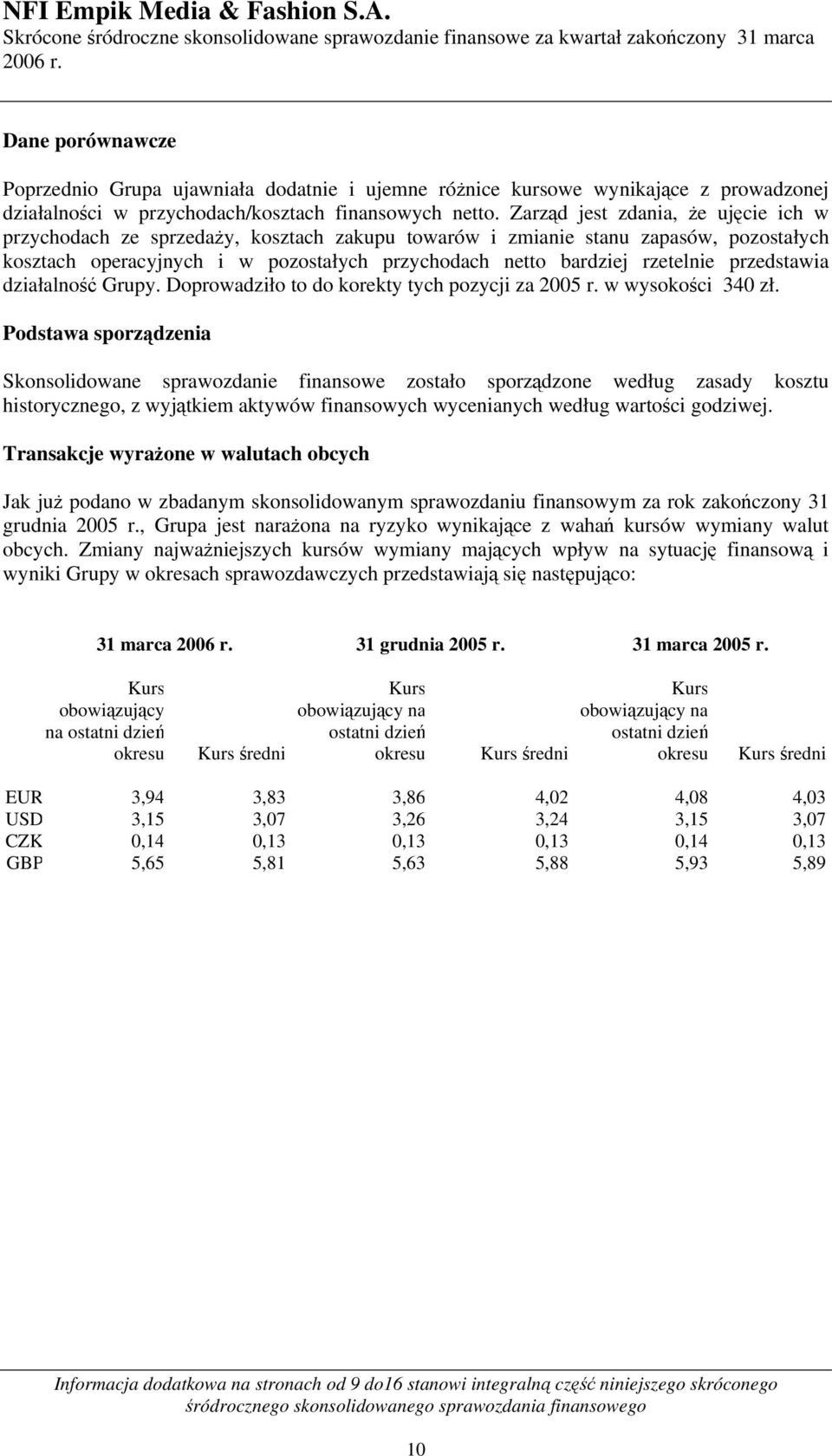 przedstawia działalność Grupy. Doprowadziło to do korekty tych pozycji za 2005 r. w wysokości 340 zł.