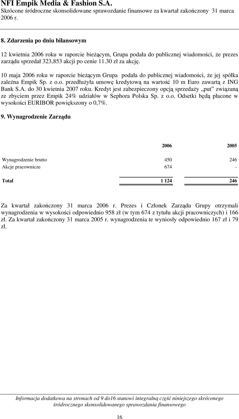 do 30 kwietnia 2007 roku. Kredyt jest zabezpieczony opcją sprzedaży put związaną ze zbyciem przez Empik 24% udziałów w Sephora Polska Sp. z o.o. Odsetki będą płacone w wysokości EURIBOR powiększony o 0,7%.