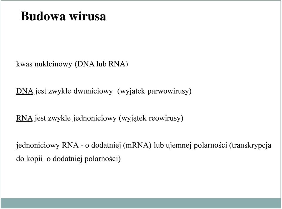 (wyjątek reowirusy) jednoniciowy RNA - o dodatniej (mrna) lub