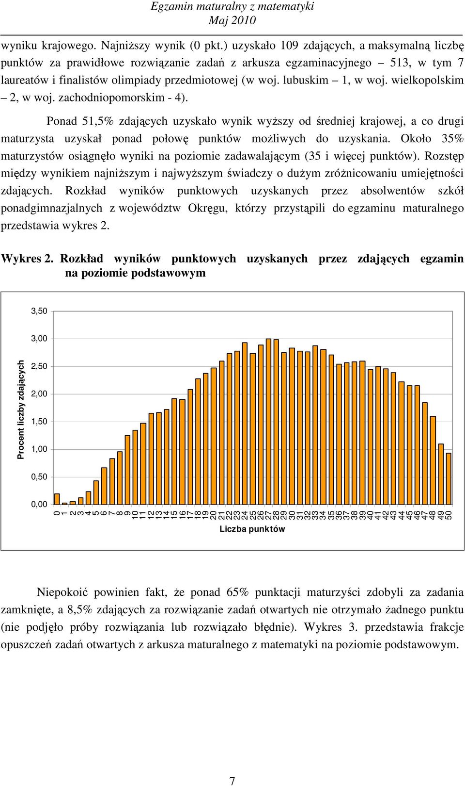 wielkopolskim 2, w woj. zachodniopomorskim - 4). Ponad 51,5% zdających uzyskało wyŝszy od średniej krajowej, a co drugi maturzysta uzyskał ponad połowę punktów moŝliwych do uzyskania.