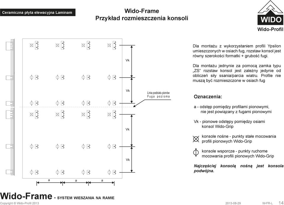 Profile nie muszą być rozmieszczone w osiach fug Vk Vk Vk Linia podziału pionów F uga pozioma Oznaczenia: a - odstęp pomiędzy profilami pionowymi, nie jest powiązany z fugami pionowymi Vk
