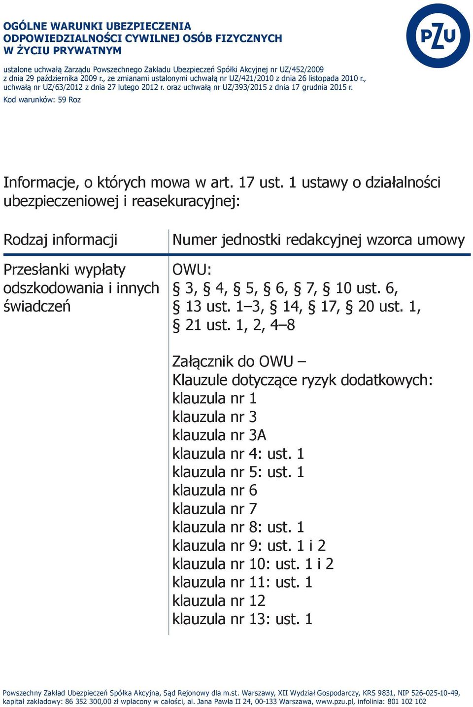 Kod warunków: 59 Roz Informacje, o których mowa w art. 17 ust.