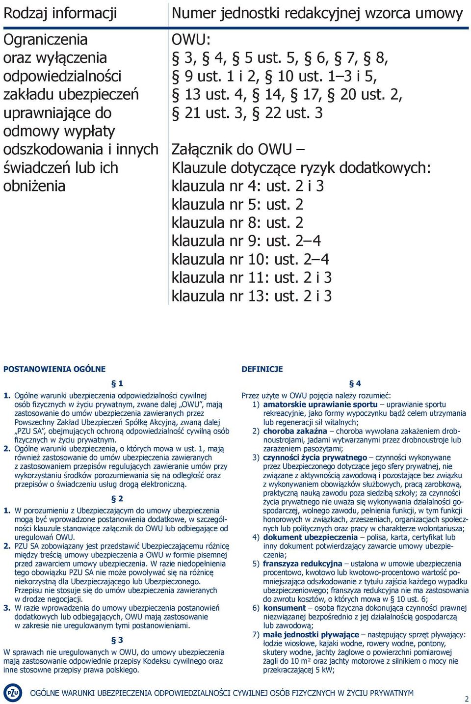 2 i 3 klauzula nr 5: ust. 2 klauzula nr 8: ust. 2 klauzula nr 9: ust. 2 4 klauzula nr 10: ust. 2 4 klauzula nr 11: ust. 2 i 3 klauzula nr 13: ust. 2 i 3 POSTANOWIENIA OGÓLNE 1 1.