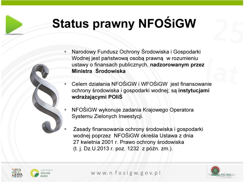 są instytucjami wdrażającymi POIiŚ NFOŚiGW wykonuje zadania Krajowego Operatora Systemu Zielonych Inwestycji.