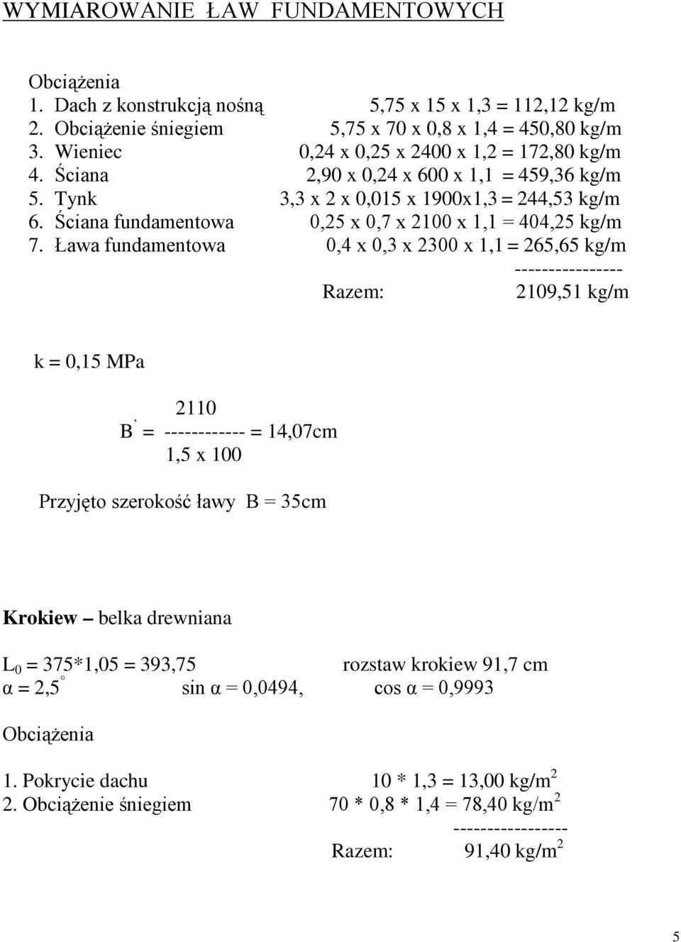 Ściana fundamentowa 0,25 x 0,7 x 2100 x 1,1 = 404,25 kg/m 7.