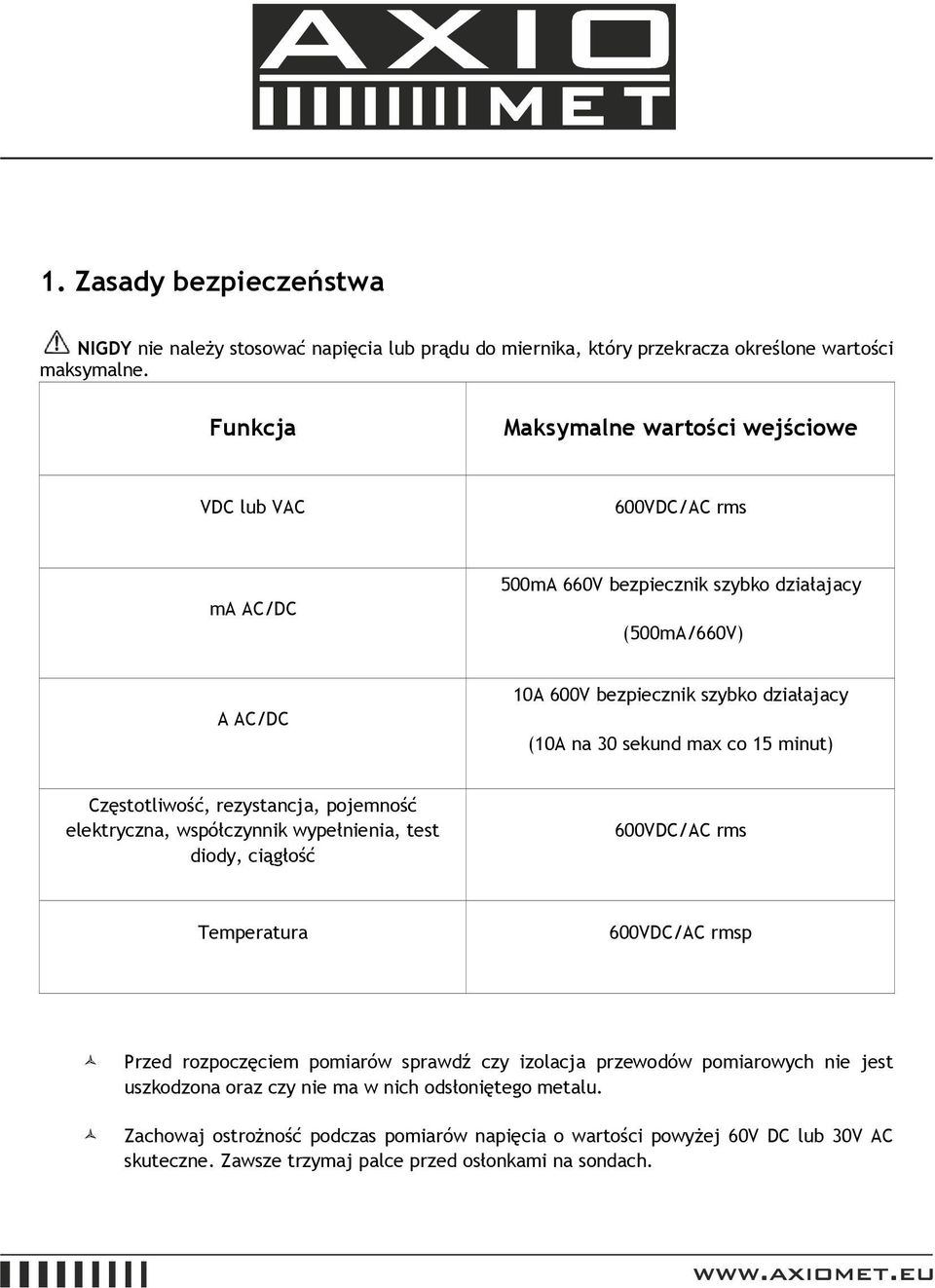 sekund max co 15 minut) Częstotliwość, rezystancja, pojemność elektryczna, współczynnik wypełnienia, test diody, ciągłość 600VDC/AC rms Temperatura 600VDC/AC rmsp Przed rozpoczęciem