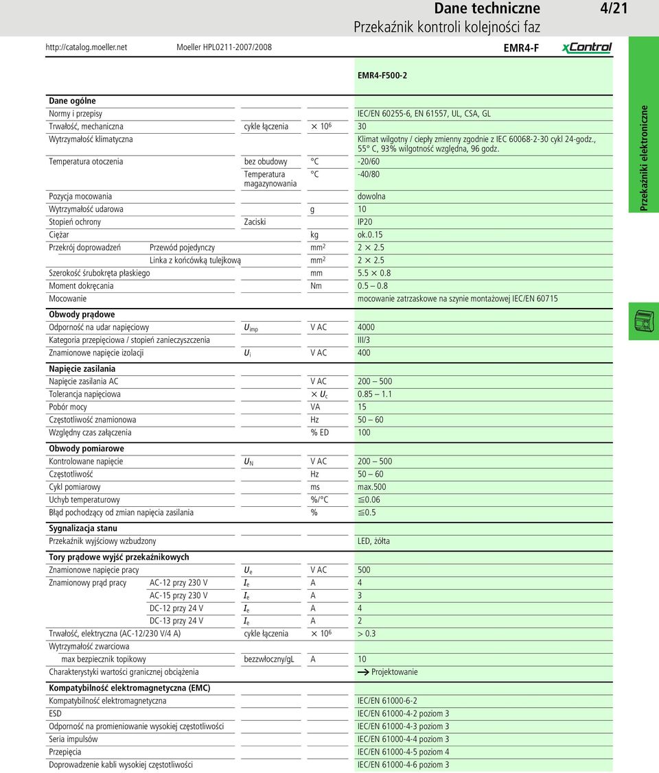 Temperatura otoczenia bez obudowy C -/60 Temperatura C -40/80 magazynowania Pozycja mocowania dowolna Wytrzymałość udarowa g Stopień ochrony Zaciski IP Ciężar kg ok.0.15 Przekrój doprowadzeń Przewód pojedynczy mm 2 2 x 2.