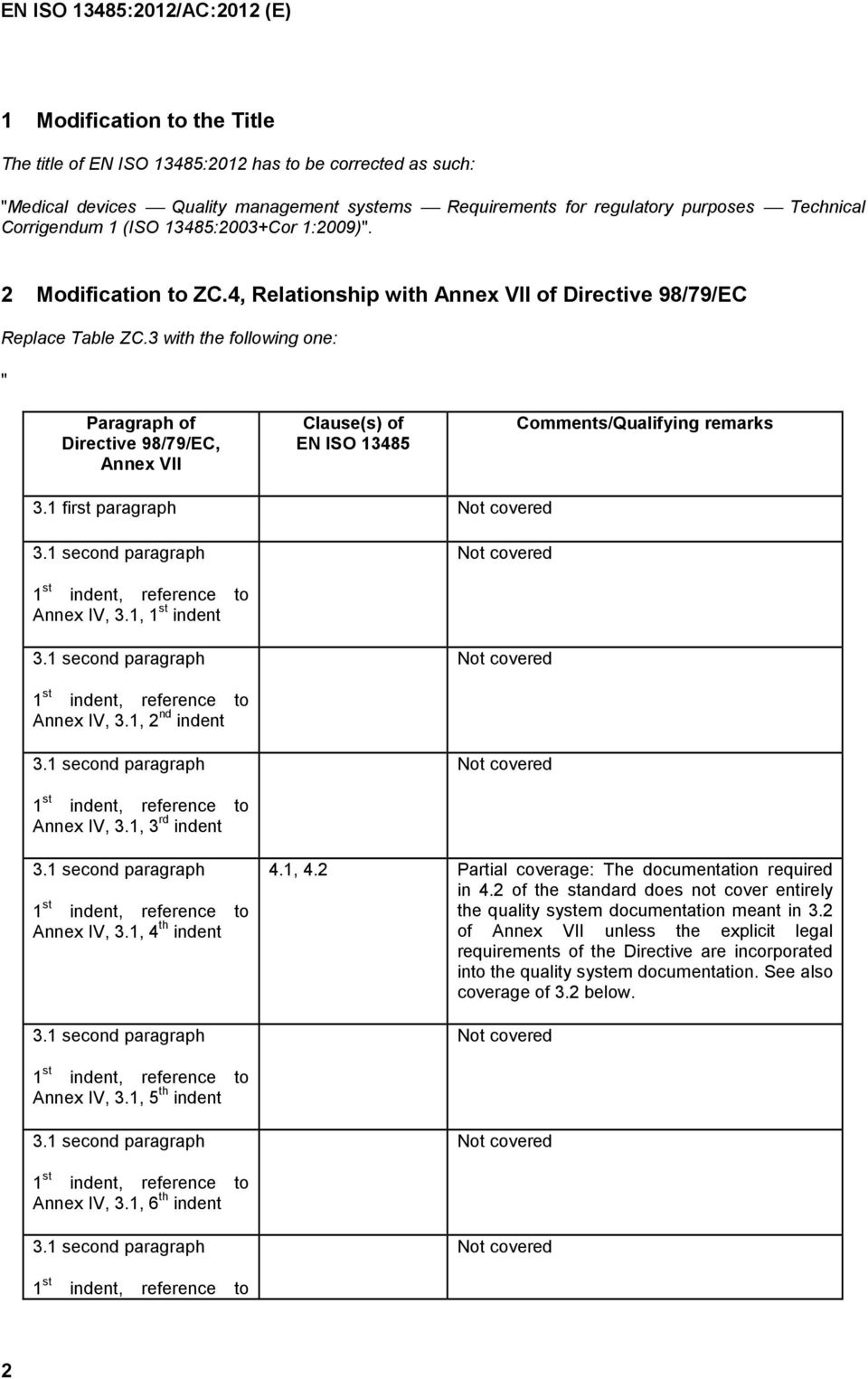 3 with the following one: " Paragraph of Directive 98/79/EC, Annex VII Clause(s) of EN ISO 13485 Comments/Qualifying remarks 3.1 first paragraph Annex IV, 3.1, 1 st indent Annex IV, 3.