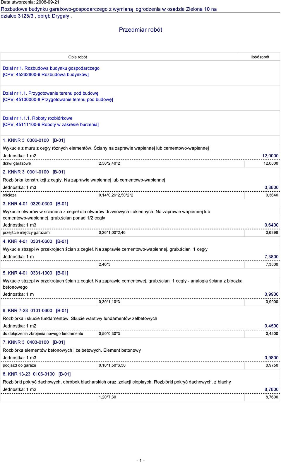 KNNR 3 0306-0100 [B-01] Wykucie z muru z cegły różnych elementów. Ściany na zaprawie wapiennej lub cementowo-wapiennej Jednostka: 1 m2 12,0000 drzwi garażowe 2,50*2,40*2 12,0000 2.