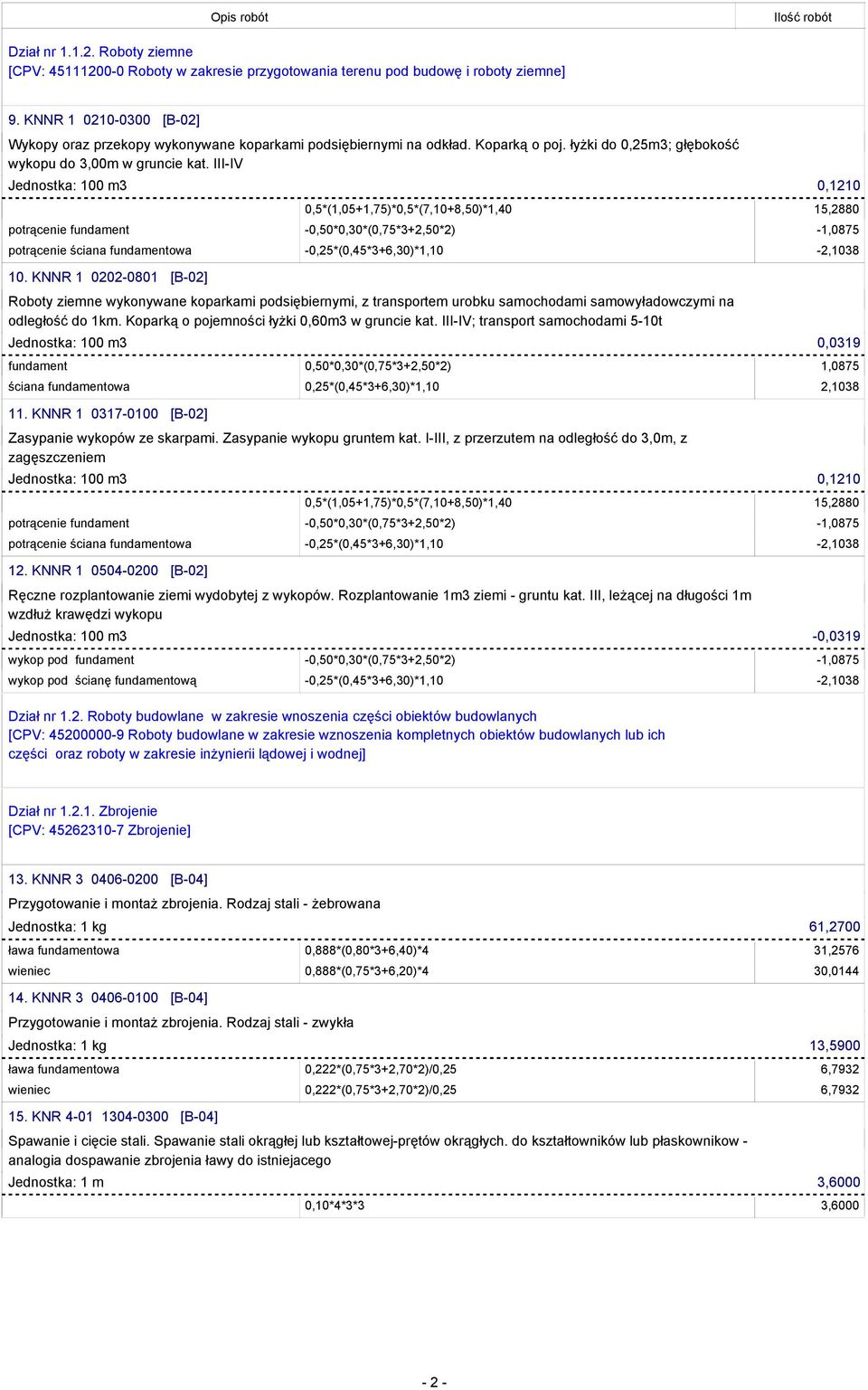 III-IV Jednostka: 100 m3 0,1210 0,5*(1,05+1,75)*0,5*(7,10+8,50)*1,40 15,2880 potrącenie fundament -0,50*0,30*(0,75*3+2,50*2) -1,0875 potrącenie ściana fundamentowa -0,25*(0,45*3+6,30)*1,10-2,1038 10.