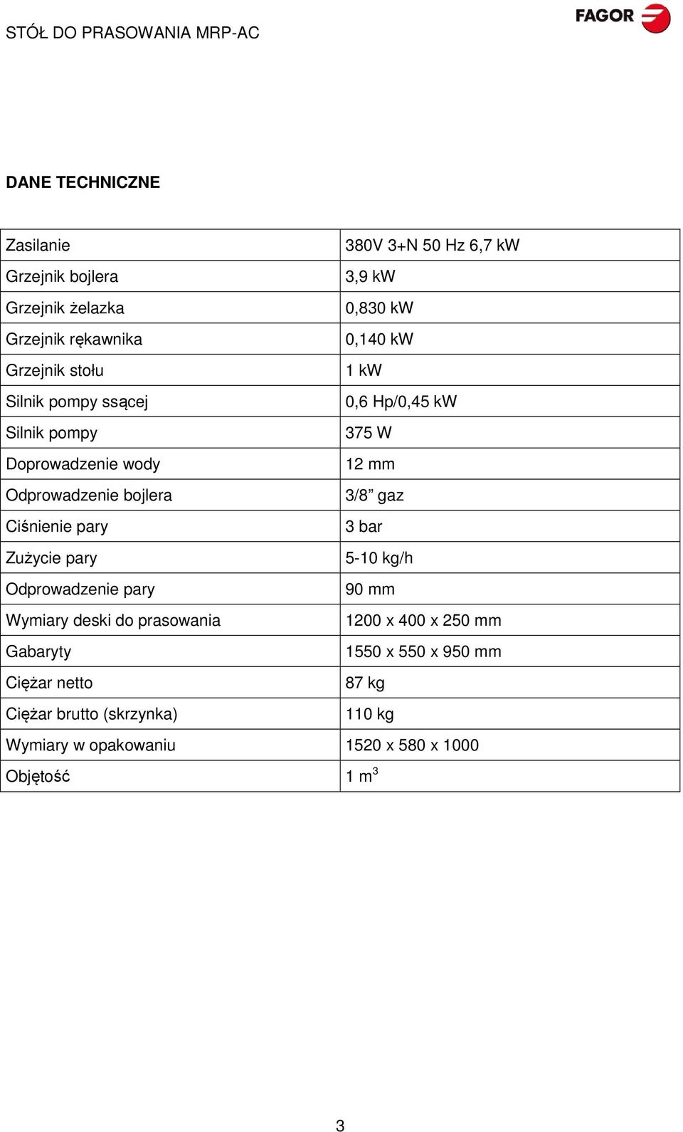 380V 3+N 50 Hz 6,7 kw 3,9 kw 0,830 kw 0,140 kw 1 kw 0,6 Hp/0,45 kw 375 W 12 mm 3/8 gaz 3 bar 5-10 kg/h 90 mm 1200 x 400 x 250