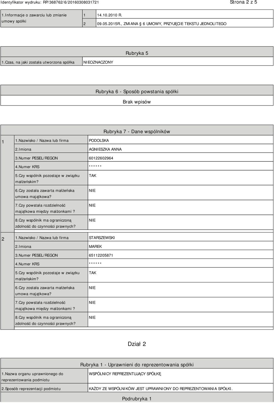 Numer KRS ****** 5.Czy wspólnik pozostaje w związku małżeńskim? 6.Czy została zawarta małżeńska umowa majątkowa? 7.Czy powstała rozdzielność majątkowa między małżonkami? 8.