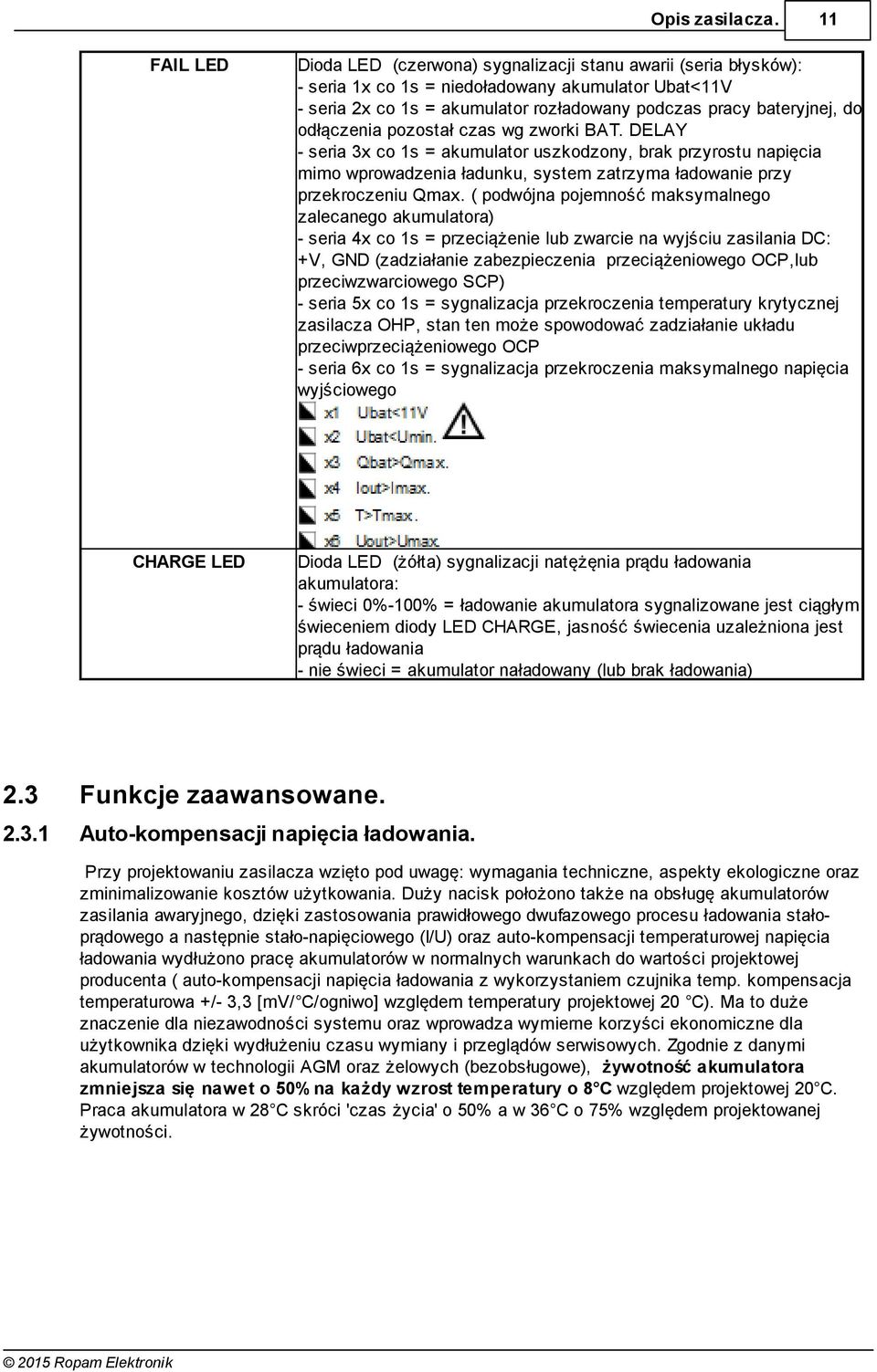 odłączenia pozostał czas wg zworki BAT. DELAY - seria 3x co 1s = akumulator uszkodzony, brak przyrostu napięcia mimo wprowadzenia ładunku, system zatrzyma ładowanie przy przekroczeniu Qmax.