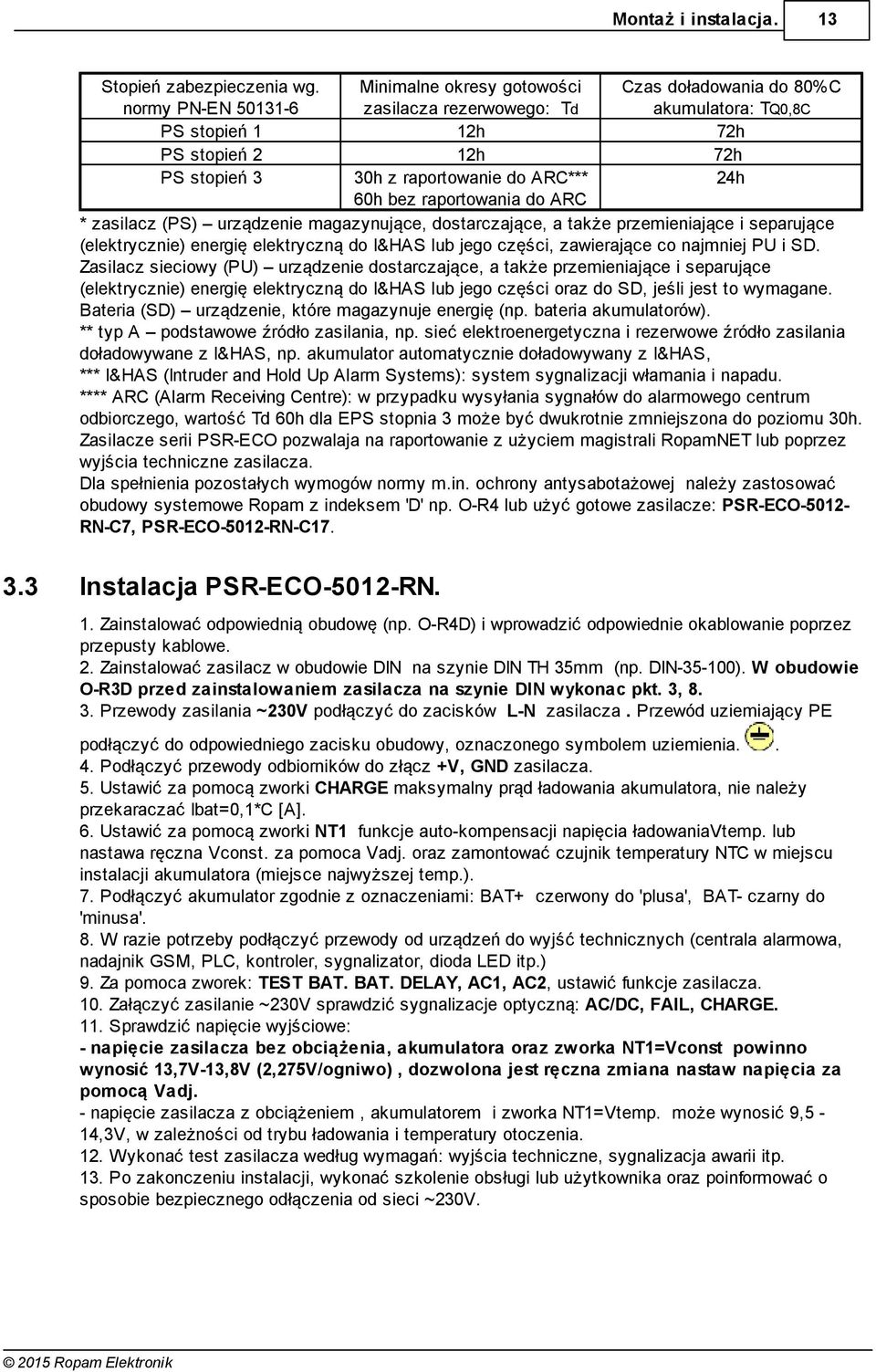 ARC*** 24h 60h bez raportowania do ARC * zasilacz (PS) urządzenie magazynujące, dostarczające, a także przemieniające i separujące (elektrycznie) energię elektryczną do I&HAS lub jego części,
