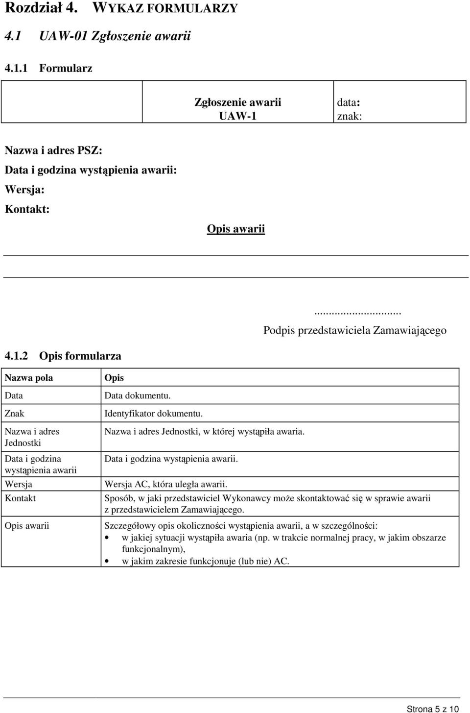 Identyfikator dokumentu. Nazwa i adres Jednostki, w której wystąpiła awaria. Data i godzina wystąpienia awarii. Wersja AC, która uległa awarii.