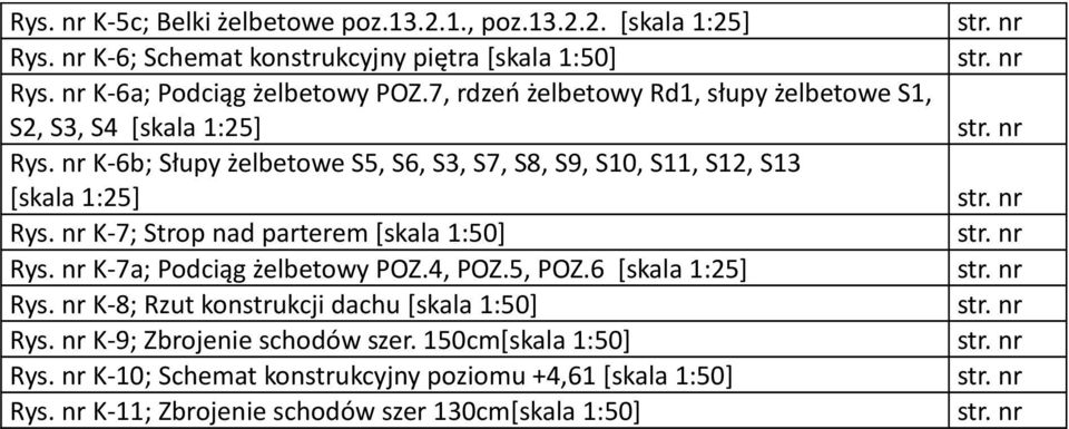 nr K-7; Strop nad parterem [skala 1:50] Rys. nr K-7a; Podciąg żelbetowy POZ.4, POZ.5, POZ.6 Rys. nr K-8; Rzut konstrukcji dachu [skala 1:50] Rys.