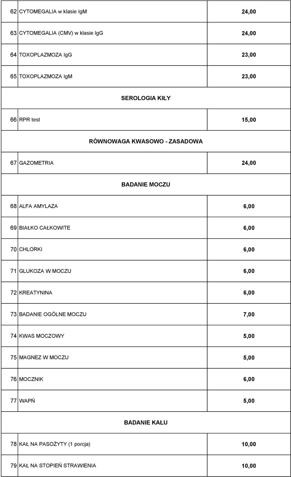 CAŁKOWITE 6,00 70 CHLORKI 6,00 71 GLUKOZA W MOCZU 6,00 72 KREATYNINA 6,00 73 BADANIE OGÓLNE MOCZU 7,00 74 KWAS MOCZOWY 5,00 75