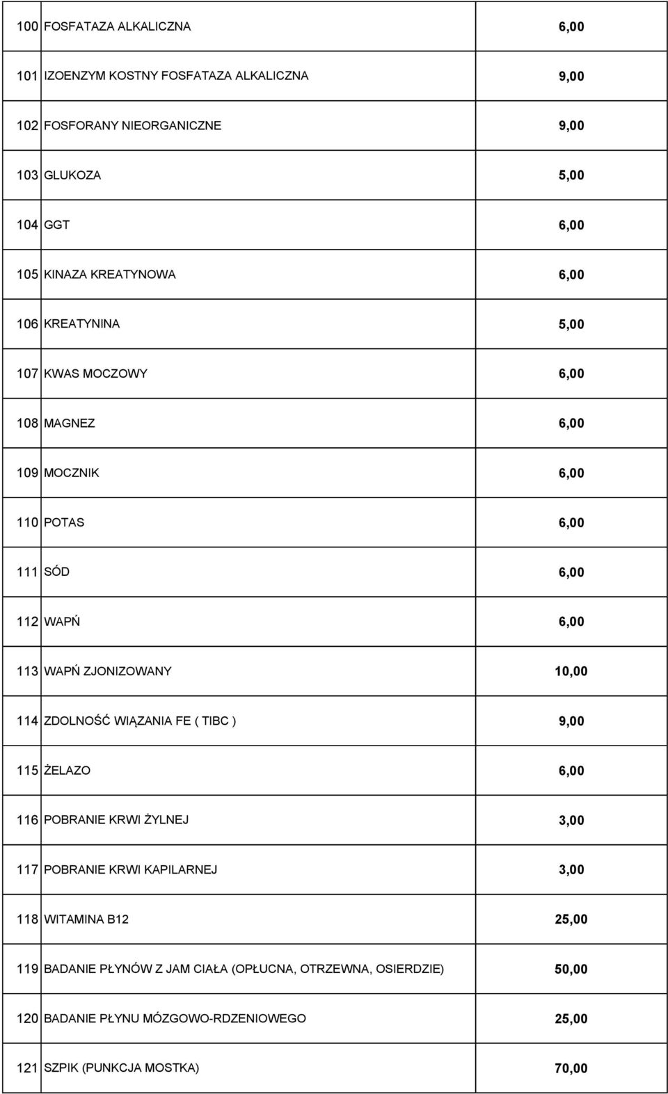 ZJONIZOWANY 10,00 114 ZDOLNOŚĆ WIĄZANIA FE ( TIBC ) 9,00 115 ŻELAZO 6,00 116 POBRANIE KRWI ŻYLNEJ 3,00 117 POBRANIE KRWI KAPILARNEJ 3,00 118