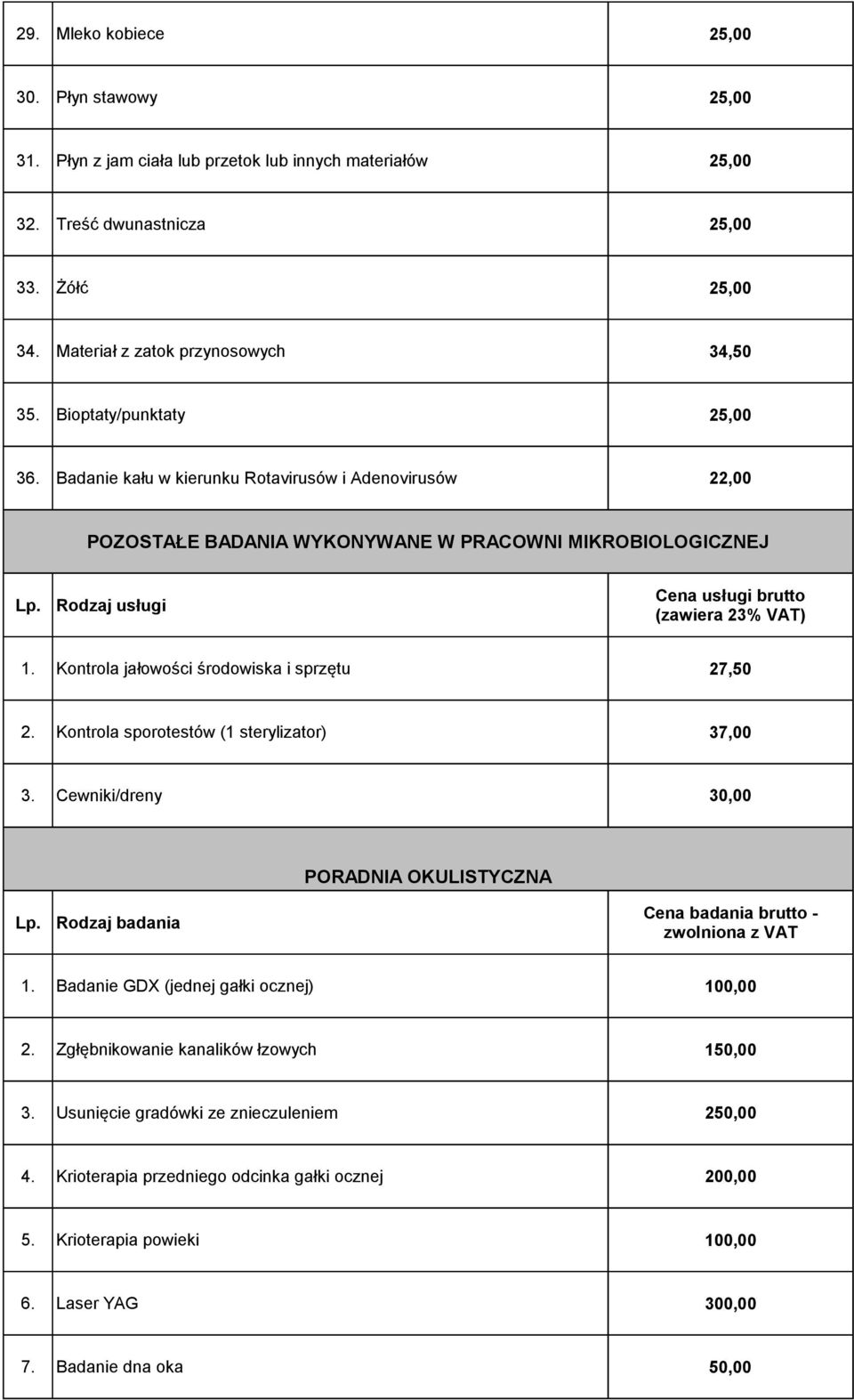 Kontrola jałowości środowiska i sprzętu 27,50 2. Kontrola sporotestów (1 sterylizator) 37,00 3. Cewniki/dreny 30,00 PORADNIA OKULISTYCZNA Rodzaj badania Cena badania brutto - zwolniona z VAT 1.