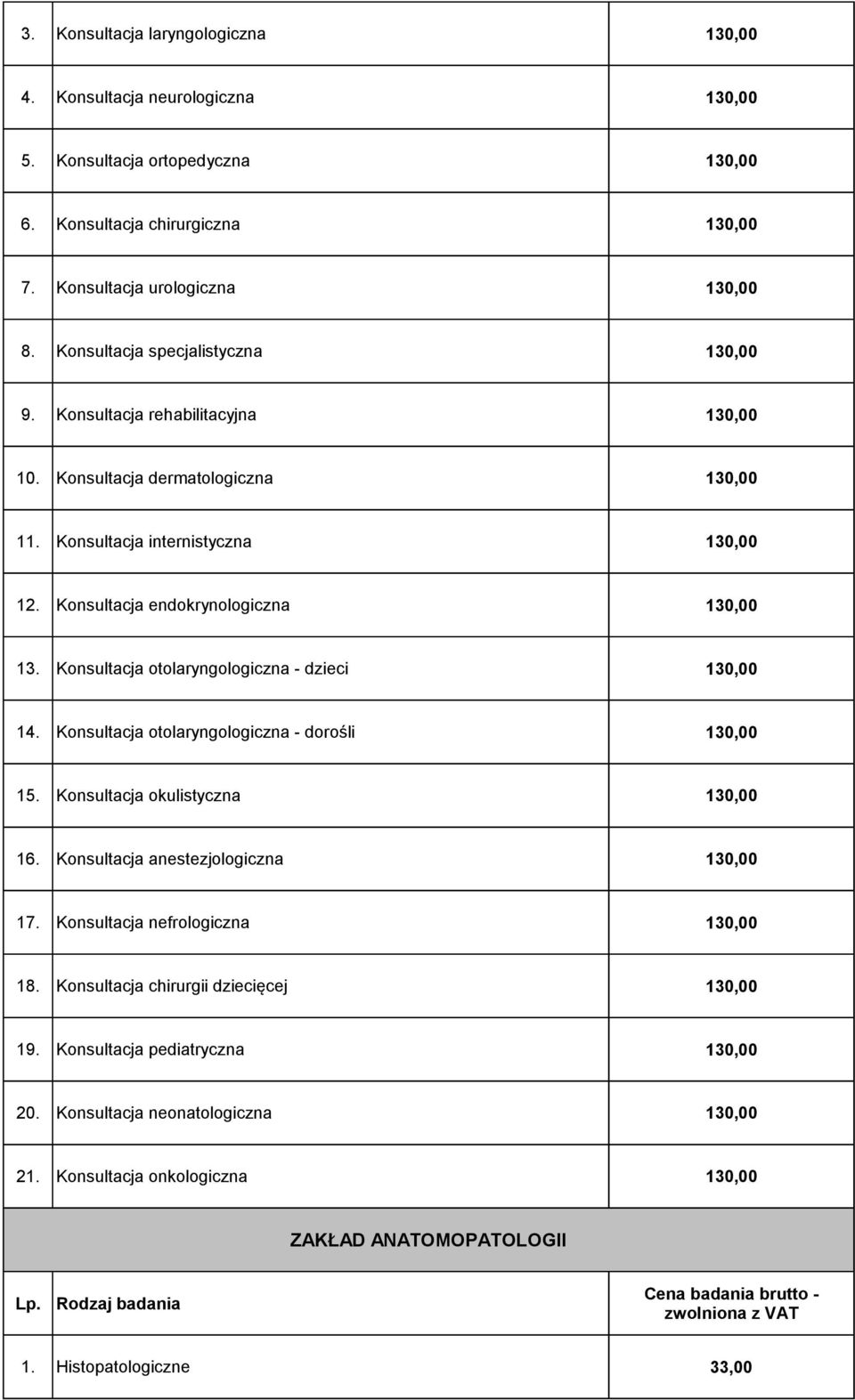 Konsultacja otolaryngologiczna - dzieci 130,00 14. Konsultacja otolaryngologiczna - dorośli 130,00 15. Konsultacja okulistyczna 130,00 16. Konsultacja anestezjologiczna 130,00 17.
