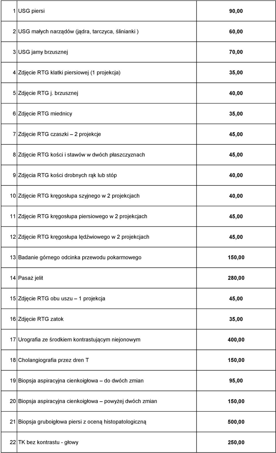 Zdjęcie RTG kręgosłupa szyjnego w 2 projekcjach 40,00 11 Zdjęcie RTG kręgosłupa piersiowego w 2 projekcjach 45,00 12 Zdjęcie RTG kręgosłupa lędźwiowego w 2 projekcjach 45,00 13 Badanie górnego