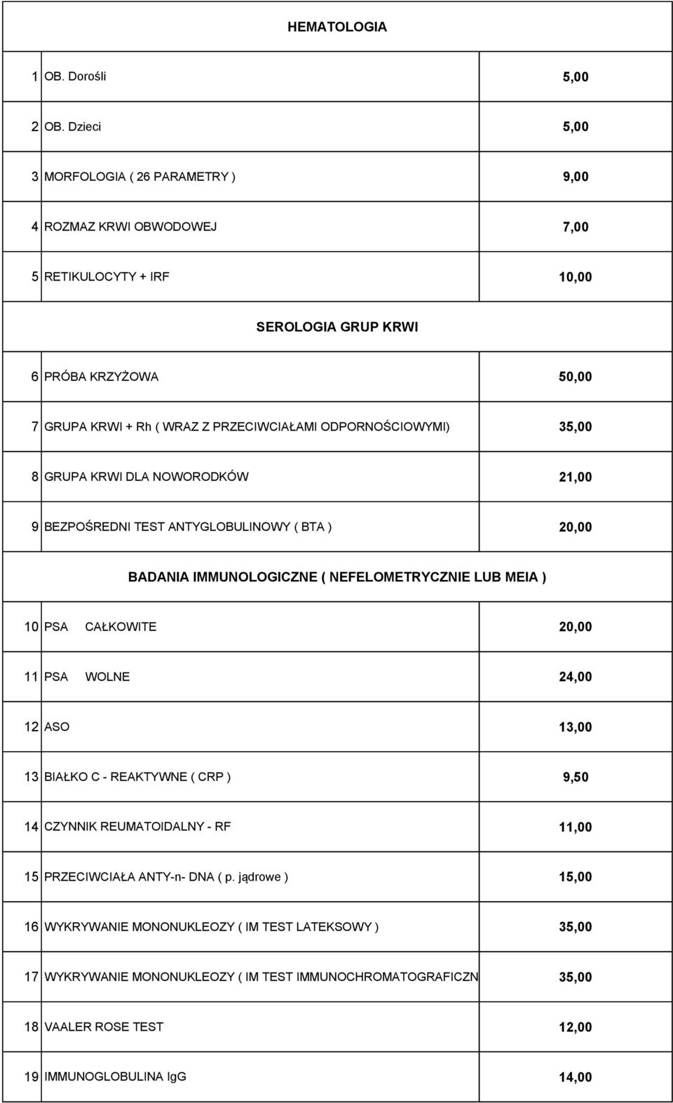 PRZECIWCIAŁAMI ODPORNOŚCIOWYMI) 35,00 8 GRUPA KRWI DLA NOWORODKÓW 21,00 9 BEZPOŚREDNI TEST ANTYGLOBULINOWY ( BTA ) 20,00 BADANIA IMMUNOLOGICZNE ( NEFELOMETRYCZNIE LUB MEIA ) 10 PSA