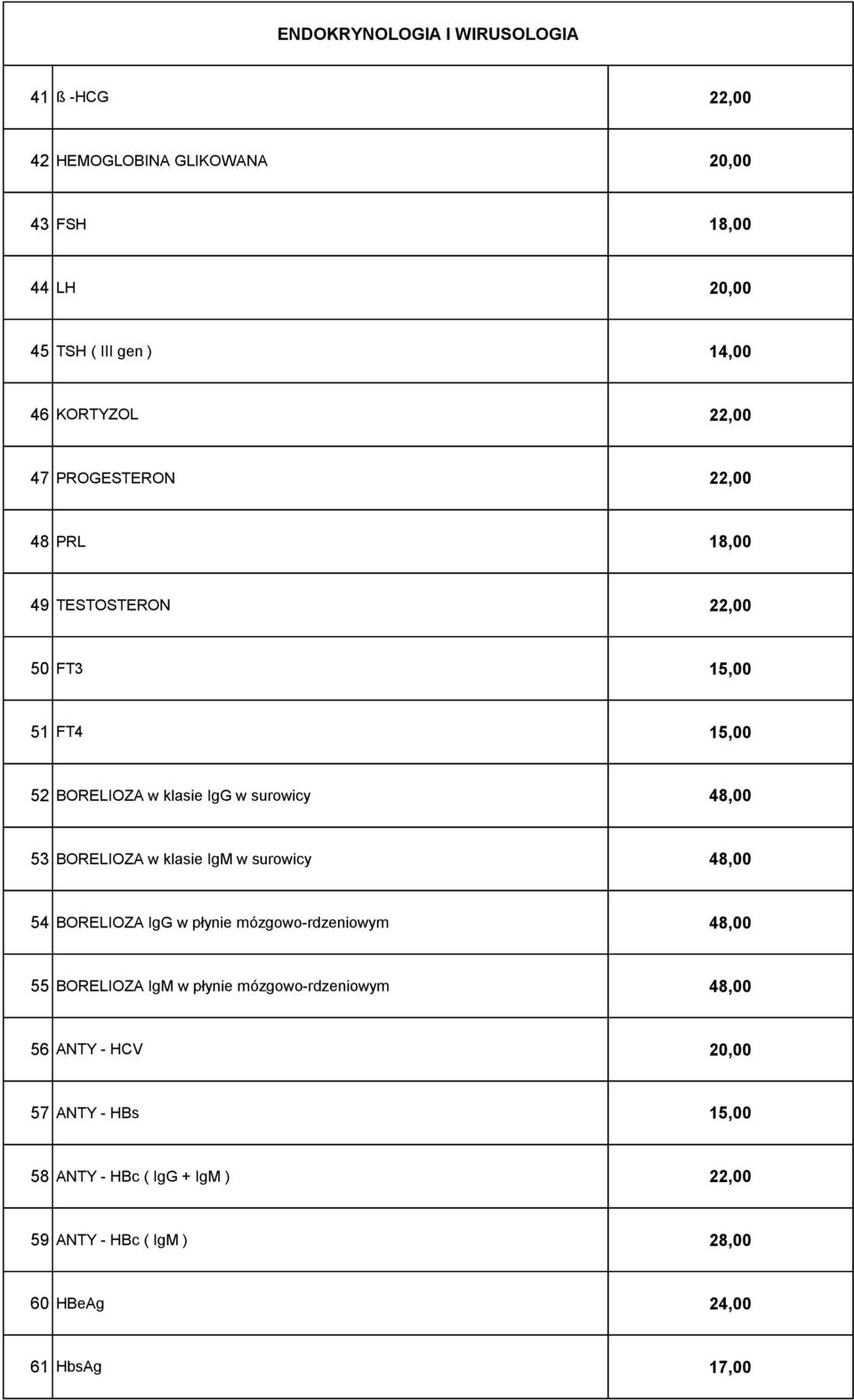 48,00 53 BORELIOZA w klasie IgM w surowicy 48,00 54 BORELIOZA IgG w płynie mózgowo-rdzeniowym 48,00 55 BORELIOZA IgM w płynie