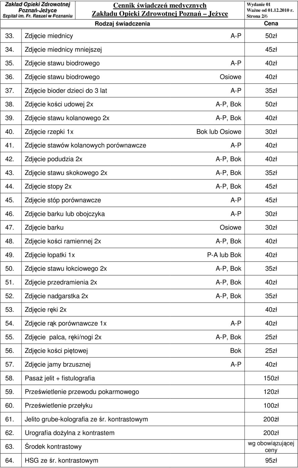 Zdjęcie stawów kolanowych porównawcze A-P 40zł 42. Zdjęcie podudzia 2x A-P, Bok 40zł 43. Zdjęcie stawu skokowego 2x A-P, Bok 35zł 44. Zdjęcie stopy 2x A-P, Bok 45zł 45.