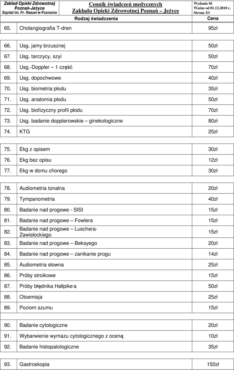 Audiometria tonalna 20zł 79. Tympanometria 40zł 80. Badanie nad progowe - SISI 15zł 81. Badanie nad progowe Fowlera 15zł 82. Badanie nad progowe Luschera- Zawisłockiego 83.