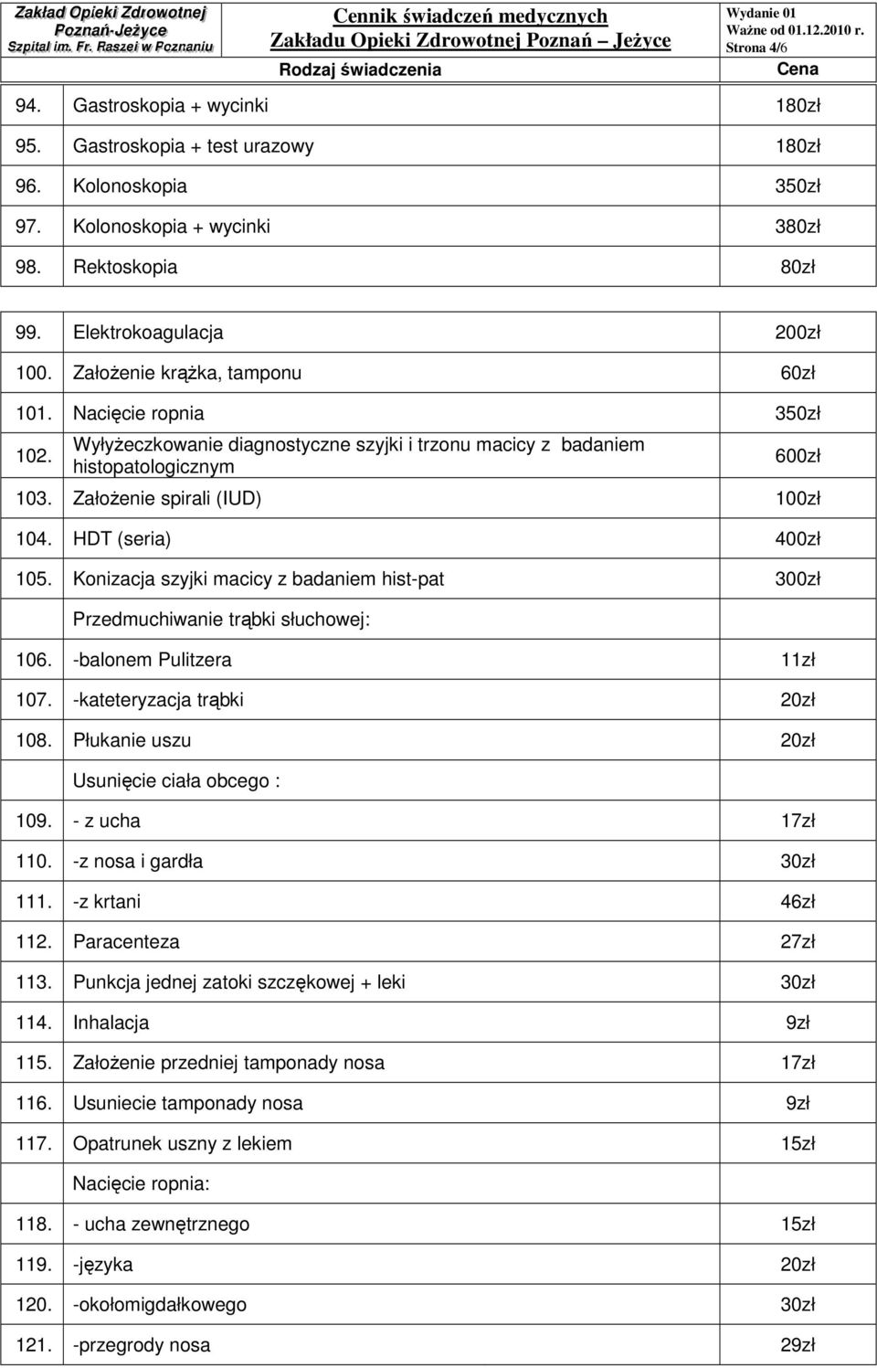 HDT (seria) 400zł 105. Konizacja szyjki macicy z badaniem hist-pat 300zł Przedmuchiwanie trąbki słuchowej: 106. -balonem Pulitzera 11zł 107. -kateteryzacja trąbki 20zł 108.