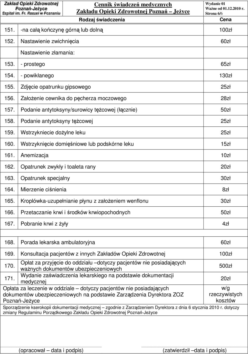 Wstrzyknięcie domięśniowe lub podskórne leku 15zł 161. Anemizacja 10zł 162. Opatrunek zwykły i toaleta rany 20zł 163. Opatrunek specjalny 30zł 164. Mierzenie ciśnienia 8zł 165.