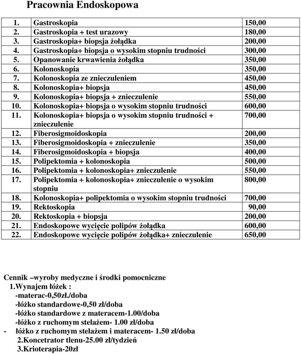 Kolonoskopia+ biopsja o wysokim stopniu trudności 600,00 11. Kolonoskopia+ biopsja o wysokim stopniu trudności + 700,00 znieczulenie 12. Fiberosigmoidoskopia 200,00 13.