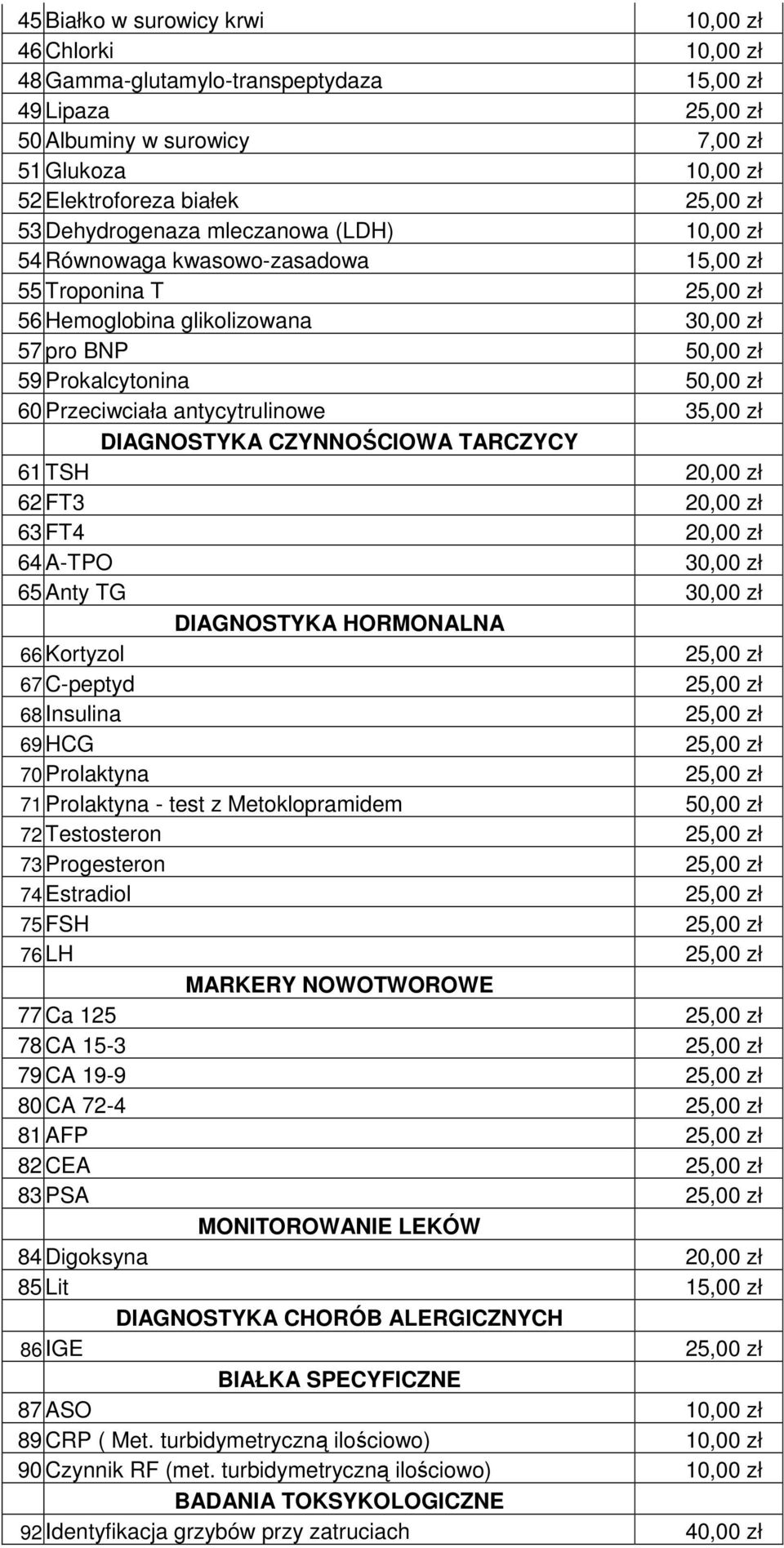 Przeciwciała antycytrulinowe 35,00 zł DIAGNOSTYKA CZYNNOŚCIOWA TARCZYCY 61 TSH 20,00 zł 62 FT3 20,00 zł 63 FT4 20,00 zł 64 A-TPO 30,00 zł 65 Anty TG 30,00 zł DIAGNOSTYKA HORMONALNA 66 Kortyzol 25,00