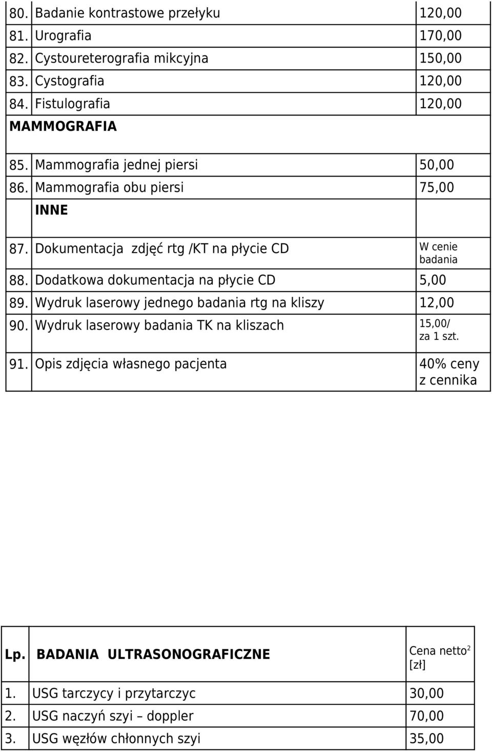 Dodatkowa dokumentacja na płycie CD 5,00 89. Wydruk laserowy jednego badania rtg na kliszy 12,00 90. Wydruk laserowy badania TK na kliszach 15,00/ za 1 szt. 91.