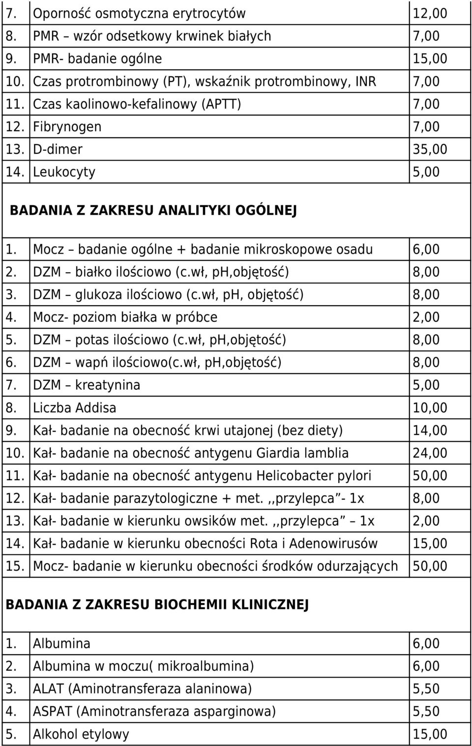 DZM białko ilościowo (c.wł, ph,objętość) 8,00 3. DZM glukoza ilościowo (c.wł, ph, objętość) 8,00 4. Mocz- poziom białka w próbce 2,00 5. DZM potas ilościowo (c.wł, ph,objętość) 8,00 6.