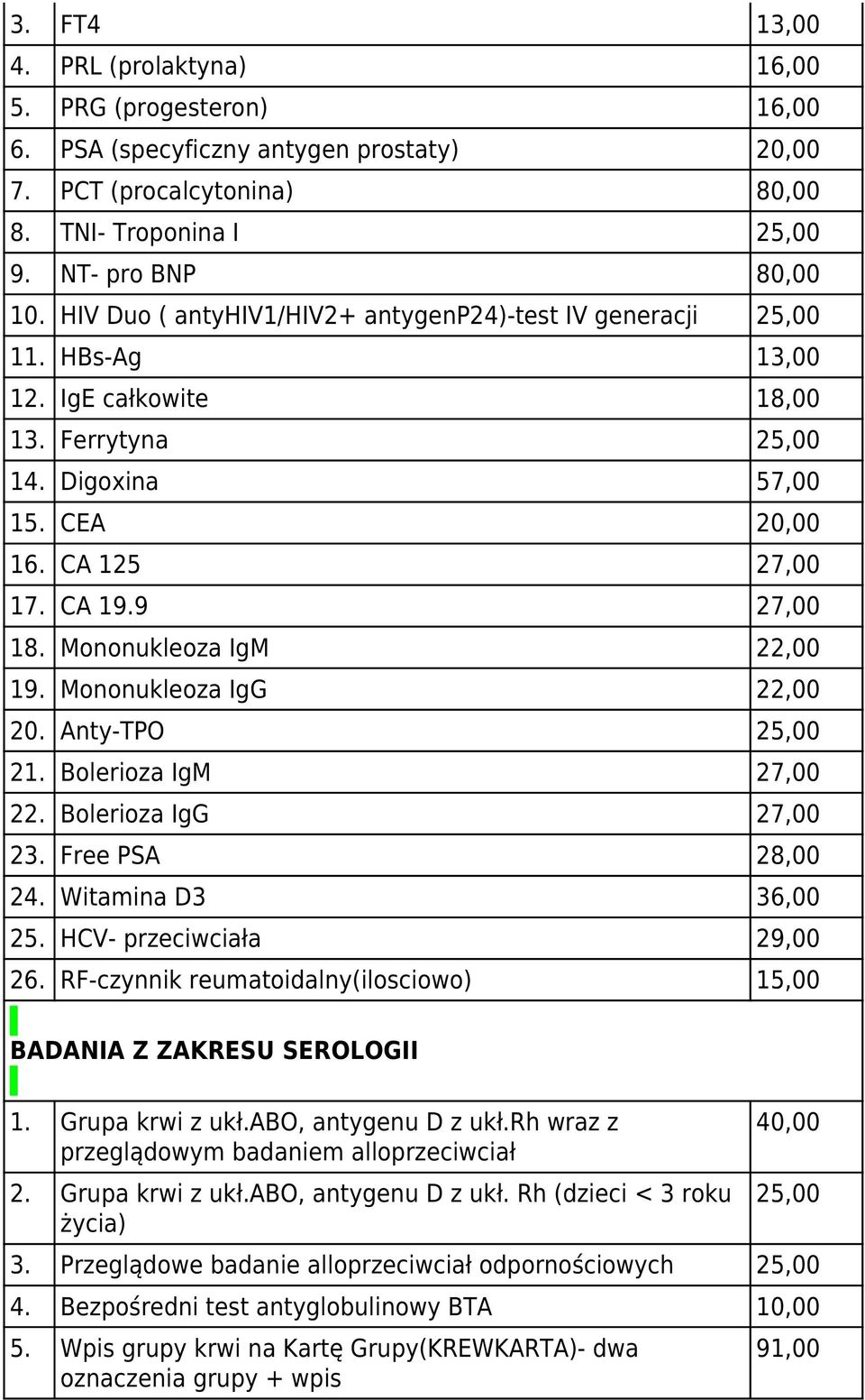 Mononukleoza IgM 22,00 19. Mononukleoza IgG 22,00 20. Anty-TPO 25,00 21. Bolerioza IgM 27,00 22. Bolerioza IgG 27,00 23. Free PSA 28,00 24. Witamina D3 36,00 25. HCV- przeciwciała 29,00 26.