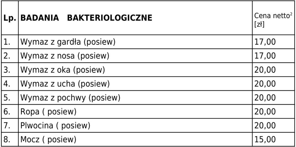 Wymaz z oka (posiew) 20,00 4. Wymaz z ucha (posiew) 20,00 5.