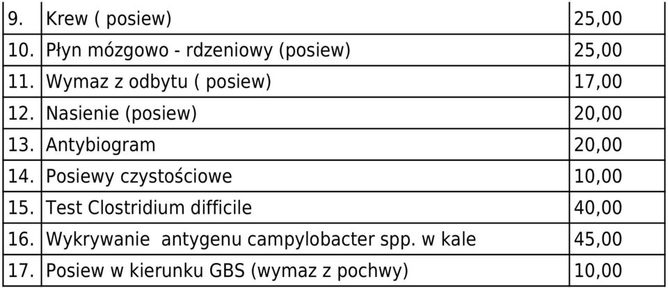Antybiogram 20,00 14. Posiewy czystościowe 10,00 15.