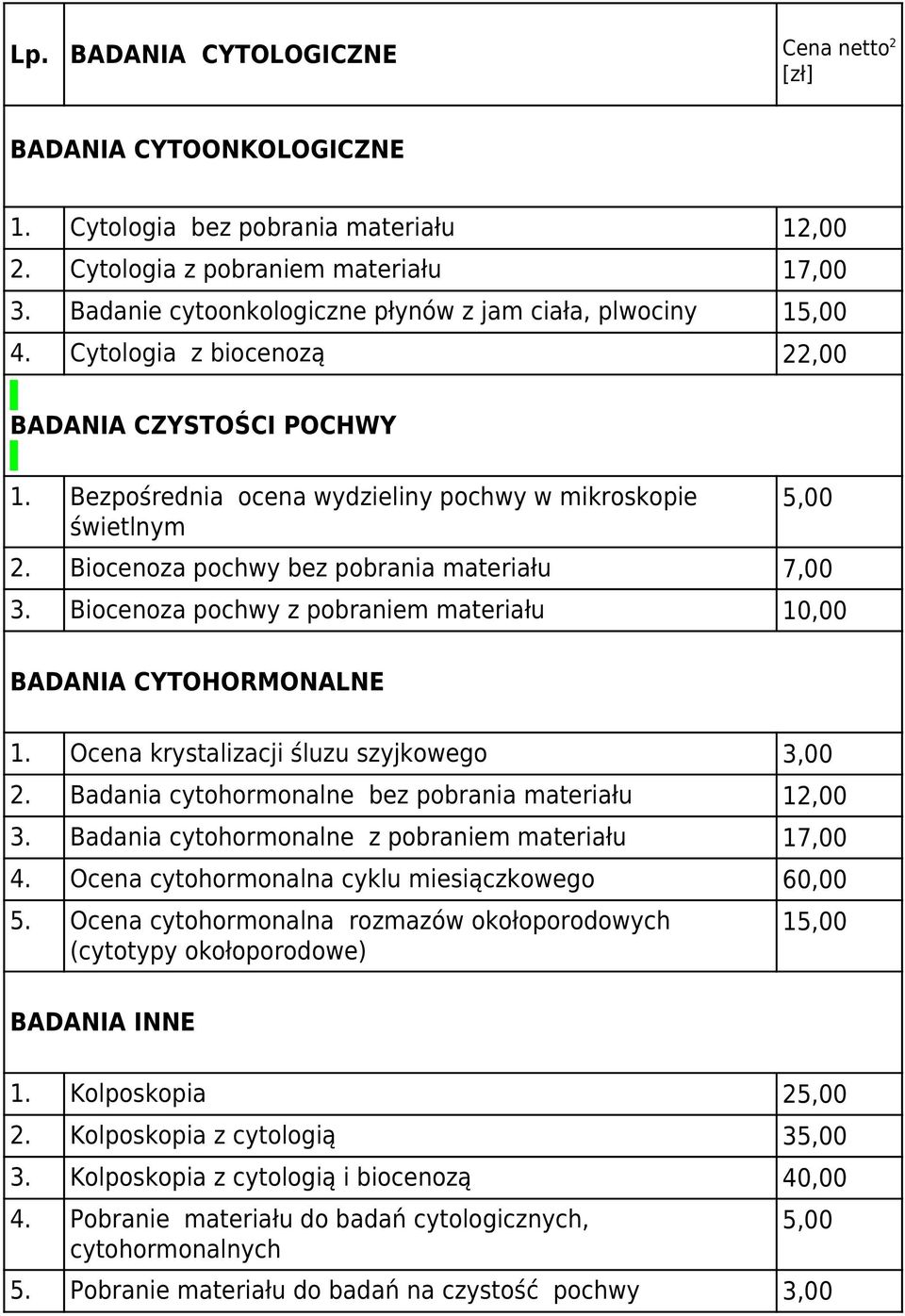 Biocenoza pochwy bez pobrania materiału 7,00 3. Biocenoza pochwy z pobraniem materiału 10,00 BADANIA CYTOHORMONALNE 1. Ocena krystalizacji śluzu szyjkowego 3,00 2.