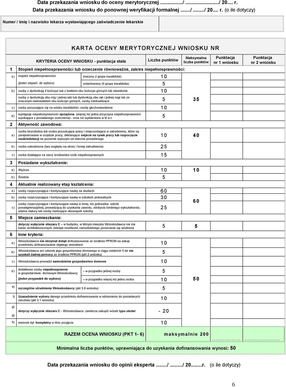 (o ile dotyczy) Numer / imię i nazwisko lekarza wystawiającego zaświadczenie lekarskie KARTA OCENY MERYTO RYCZNEJ WNIOSKU NR KRYTERIA OCENY WNIOSKU - punktacja stała Liczba punktów 1 Stopień