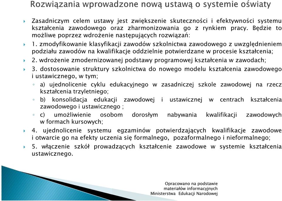 zmodyfikowanie klasyfikacji zawodów szkolnictwa zawodowego z uwzględnieniem podziału zawodów na kwalifikacje oddzielnie potwierdzane w procesie kształcenia; 2.