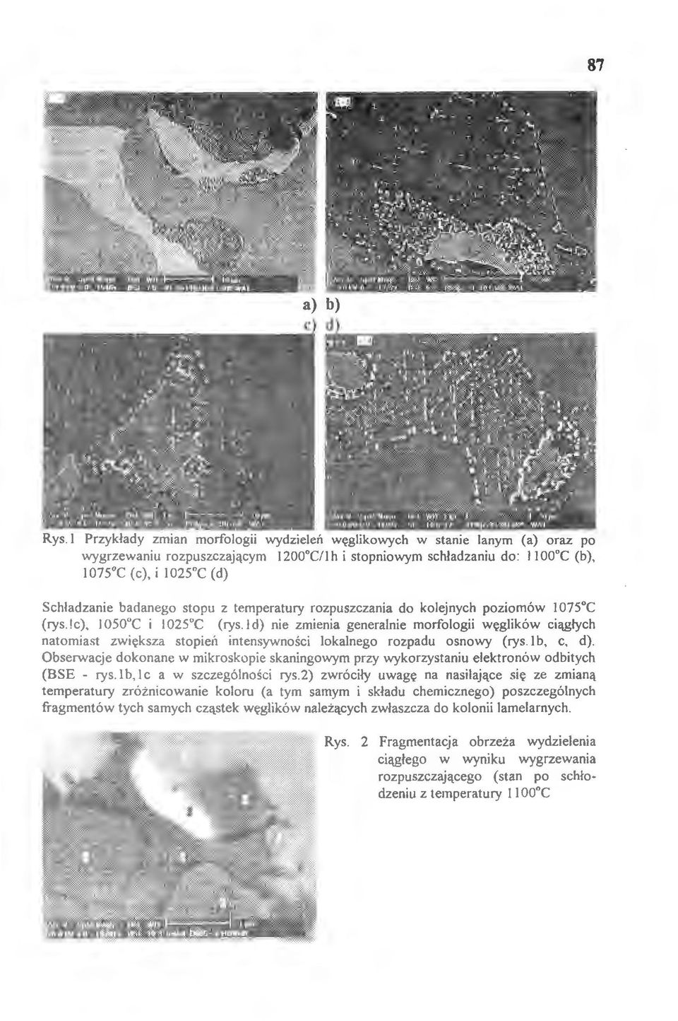 badanego stopu z temperatury rozpuszczania do kolejnych poziomów 107S"C (rys.!c), l OSO"C i l 02S"C (rys.