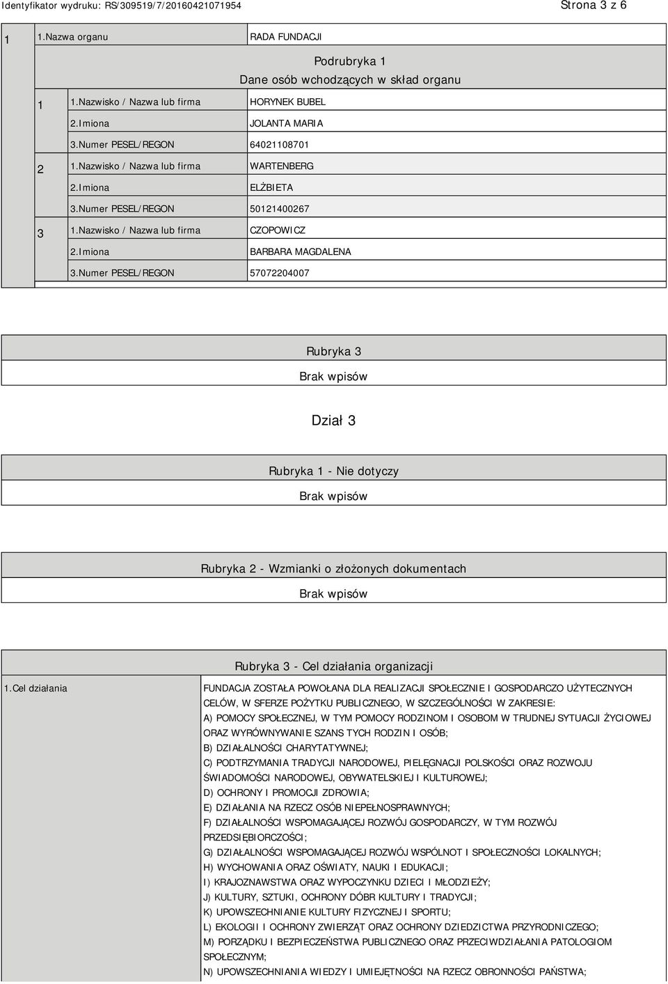 Numer PESEL/REGON 57072204007 Rubryka 3 Dział 3 Rubryka 1 - Nie dotyczy Rubryka 2 - Wzmianki o złożonych dokumentach Rubryka 3 - Cel działania organizacji 1.