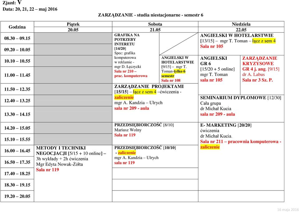 Toman-tylko 6 semestr Sala nr 108 ZARZĄDZANIE PROJEKTAMI [15/15] łącz z sem 4 ćwiczenia - zaliczenie [13/15] łącz z sem 4 Sala nr 105 [15/20 + 5 online] sala nr 105